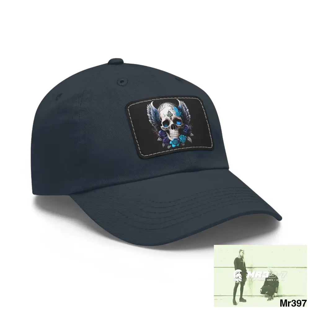 Gothic Skull with wings and Blue Roses Dad Hat with Leather Patch (Rectangle) Hats