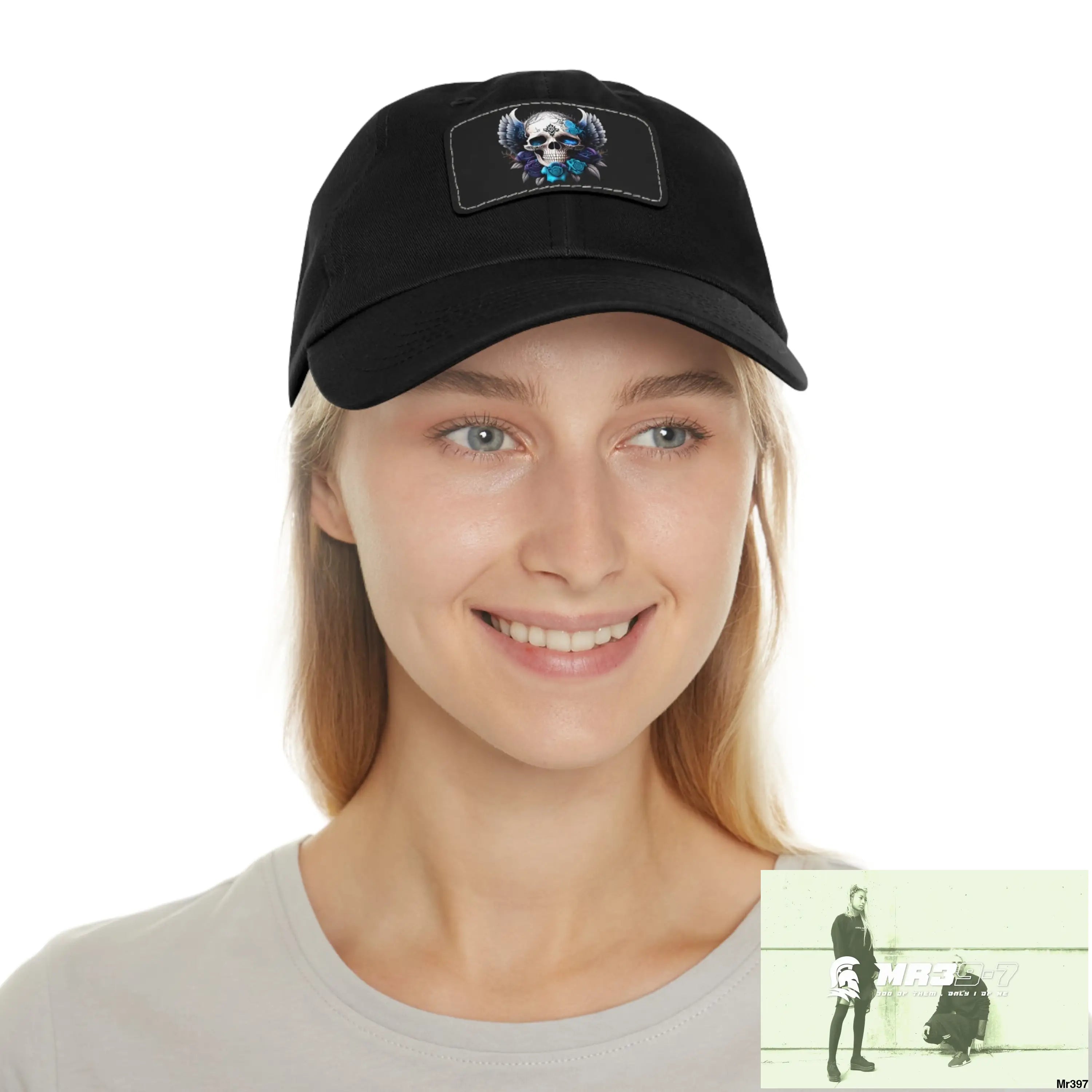 Gothic Skull with wings and Blue Roses Dad Hat with Leather Patch (Rectangle) Hats