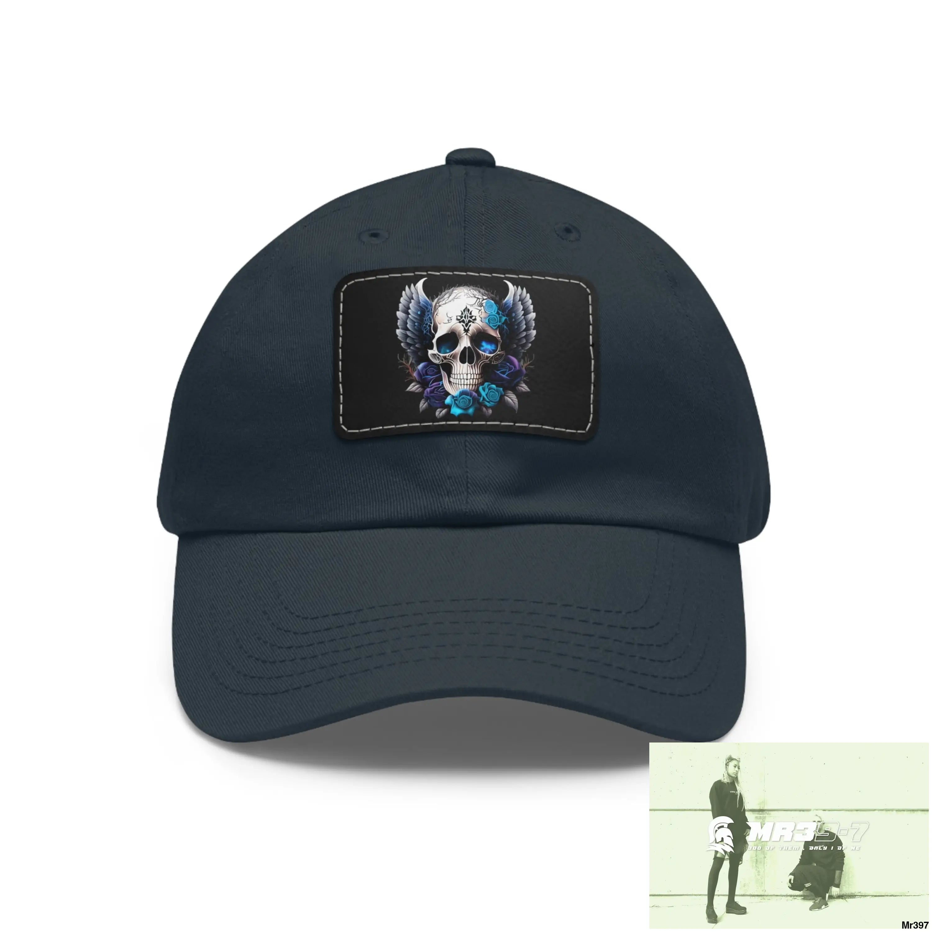 Gothic Skull with wings and Blue Roses Dad Hat with Leather Patch (Rectangle) Navy / Black patch / Rectangle / One size