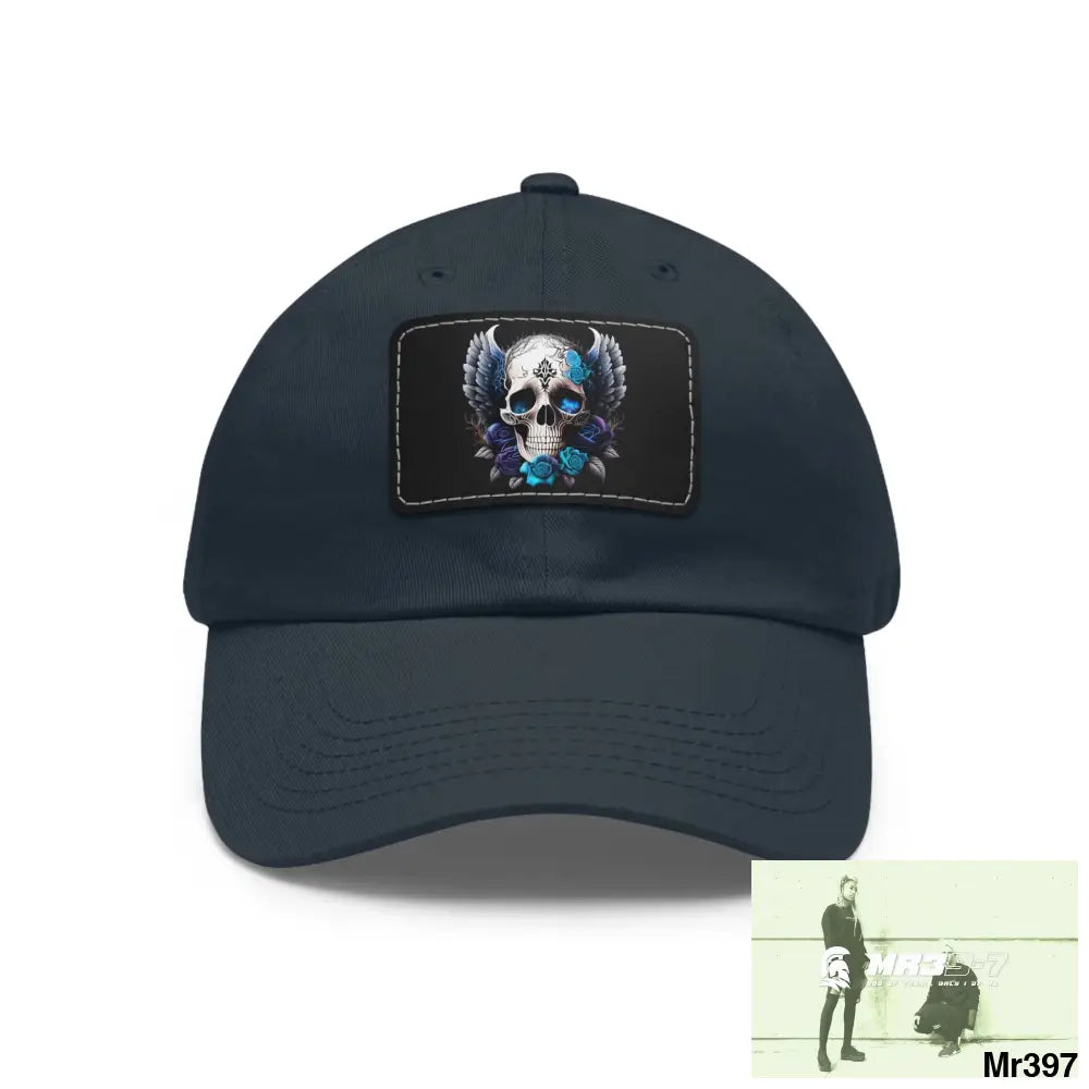 Gothic Skull with wings and Blue Roses Dad Hat with Leather Patch (Rectangle) Navy / Black patch / Rectangle / One size