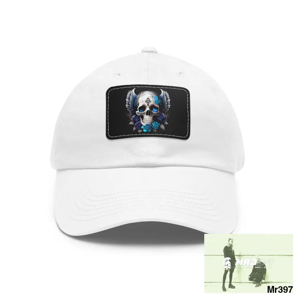 Gothic Skull with wings and Blue Roses Dad Hat with Leather Patch (Rectangle) White / Black patch / Rectangle / One