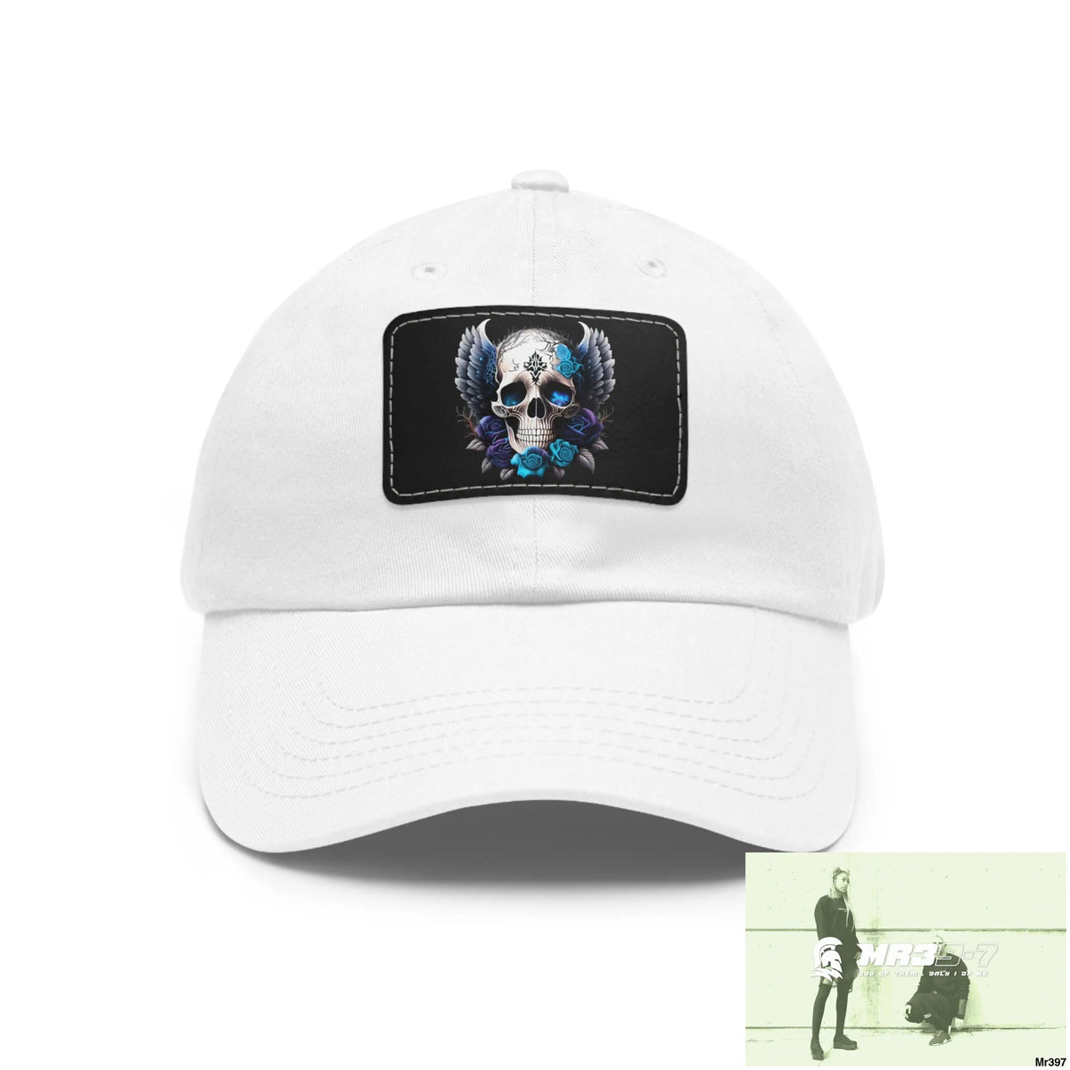 Gothic Skull with wings and Blue Roses Dad Hat with Leather Patch (Rectangle) White / Black patch / Rectangle / One