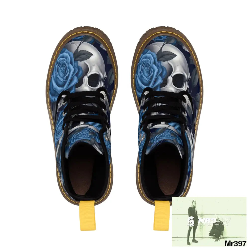 Gothic Skulls and Blue no 2 Roses Women’s Canvas Boots Shoes