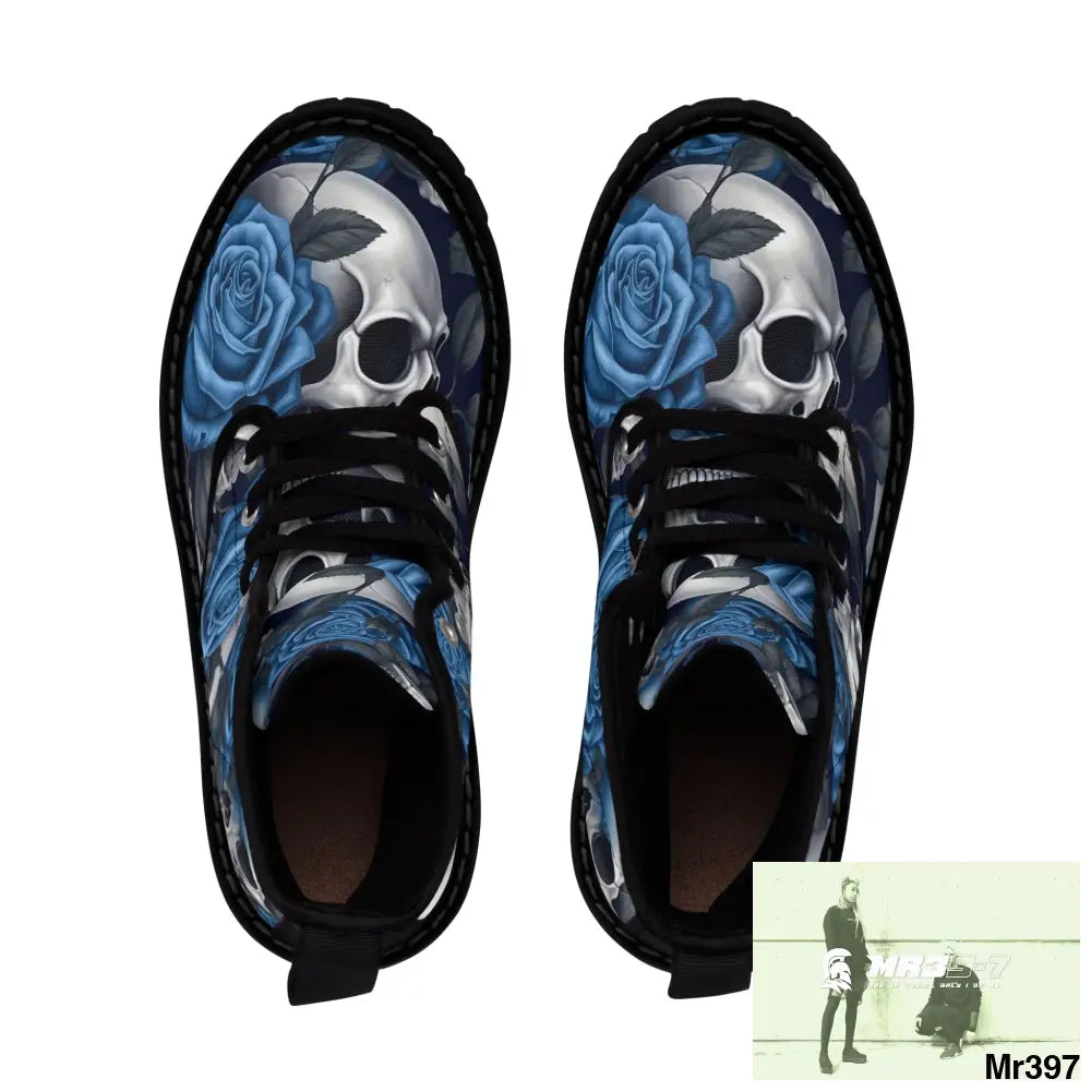 Gothic Skulls and Blue no 2 Roses Women’s Canvas Boots Shoes