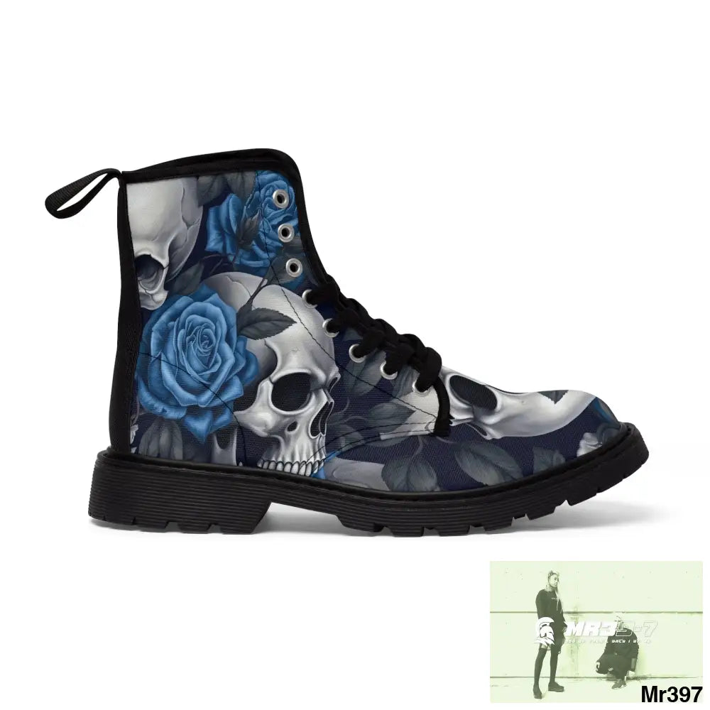 Gothic Skulls and Blue no 2 Roses Women’s Canvas Boots Shoes