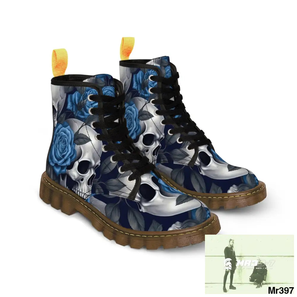 Gothic Skulls and Blue no 2 Roses Women’s Canvas Boots Shoes