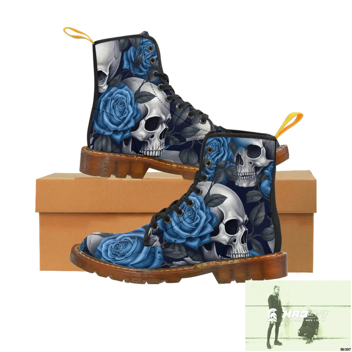 Gothic Skulls and Blue no 2 Roses Women’s Canvas Boots US 6.5 / Brown sole Shoes