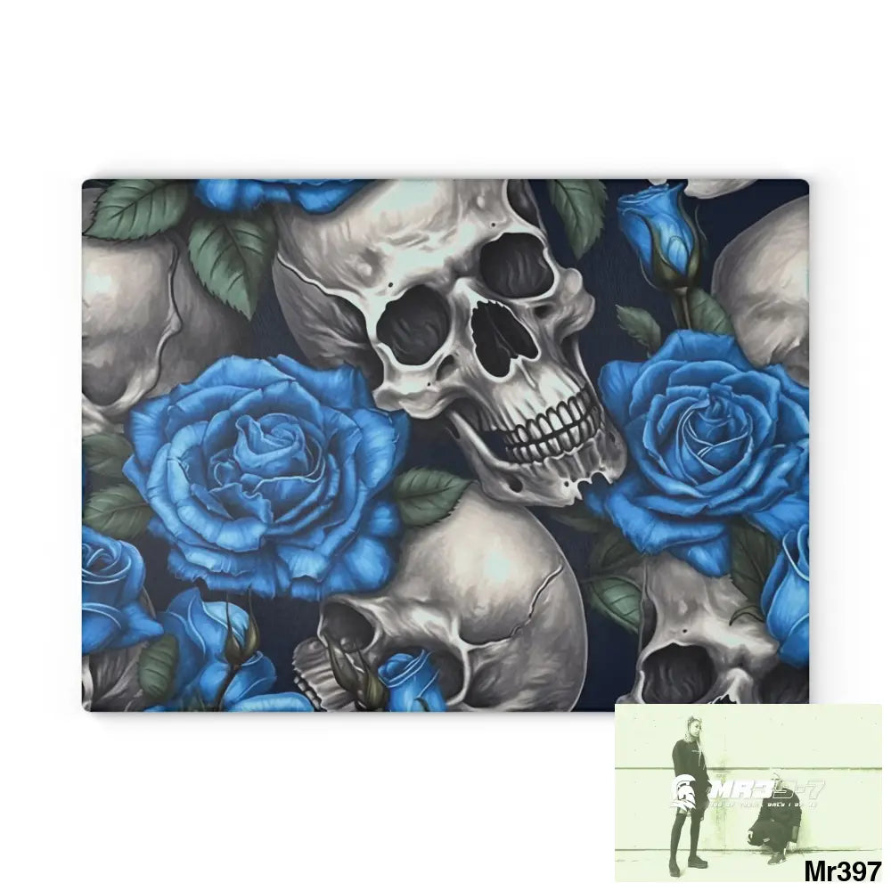 Gothic Skulls and Blue Roses Glass Cutting Board 11’’ x 15’’ / Rectangle Home Decor