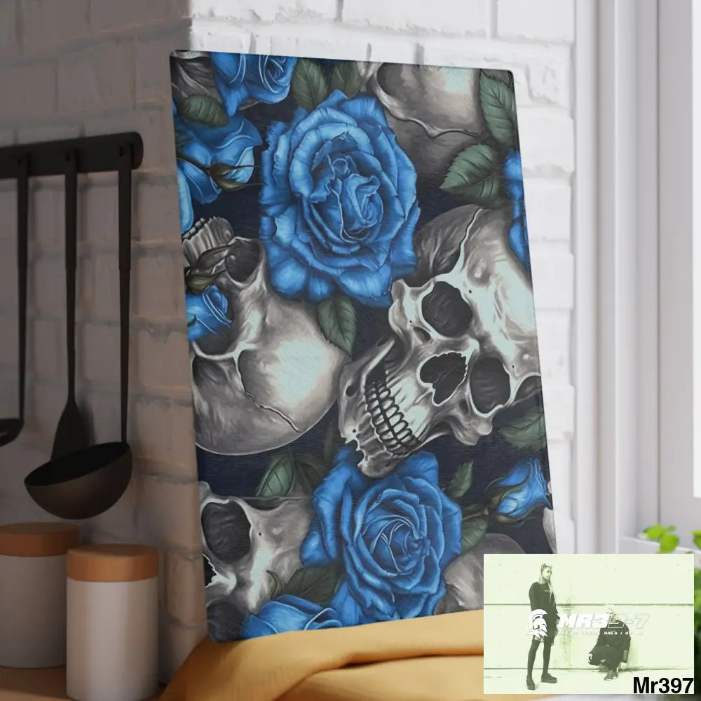 Gothic Skulls and Blue Roses Glass Cutting Board Home Decor