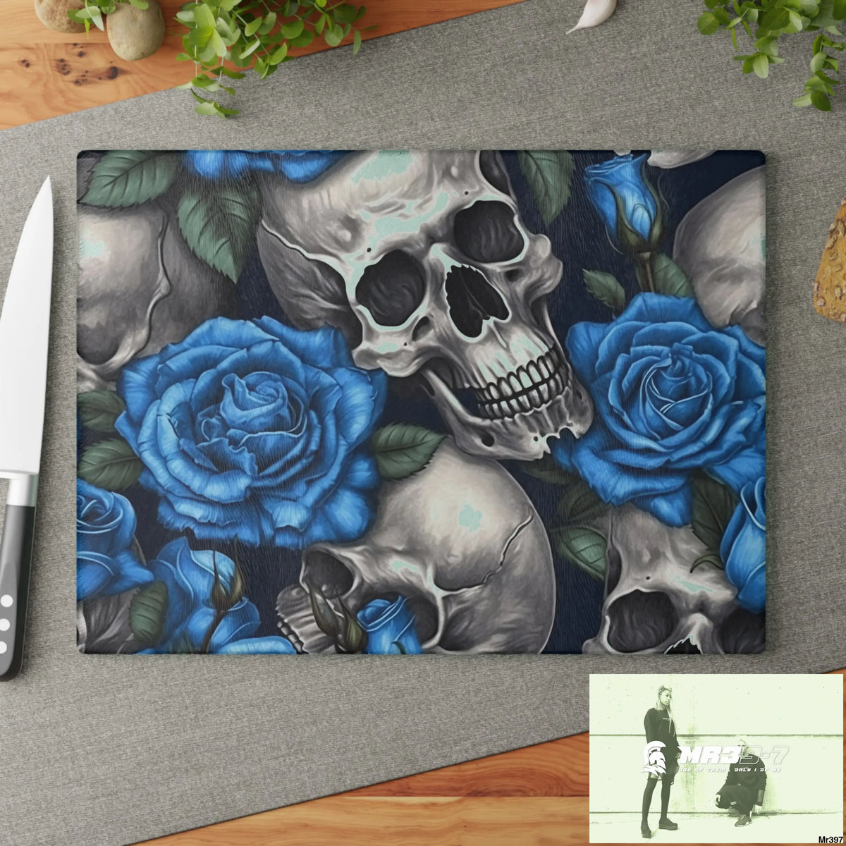 Gothic Skulls and Blue Roses Glass Cutting Board Home Decor