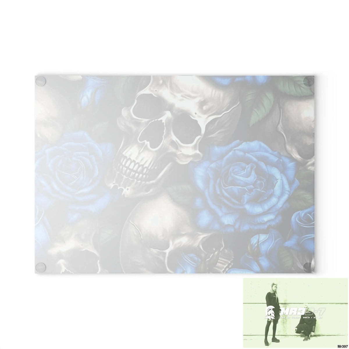 Gothic Skulls and Blue Roses Glass Cutting Board Home Decor