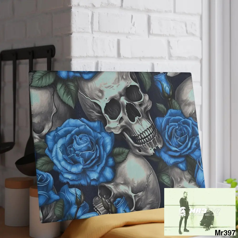 Gothic Skulls and Blue Roses Glass Cutting Board Home Decor