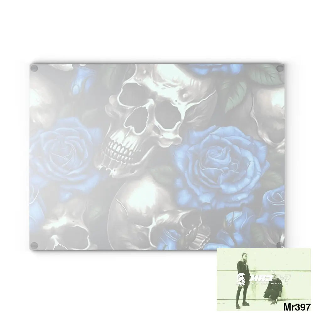 Gothic Skulls and Blue Roses Glass Cutting Board Home Decor