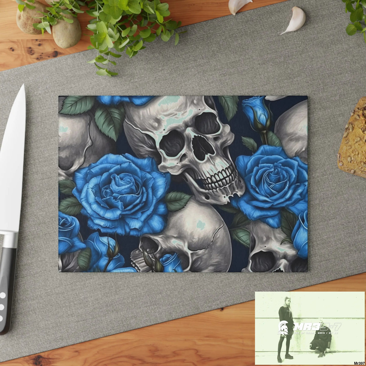 Gothic Skulls and Blue Roses Glass Cutting Board Home Decor