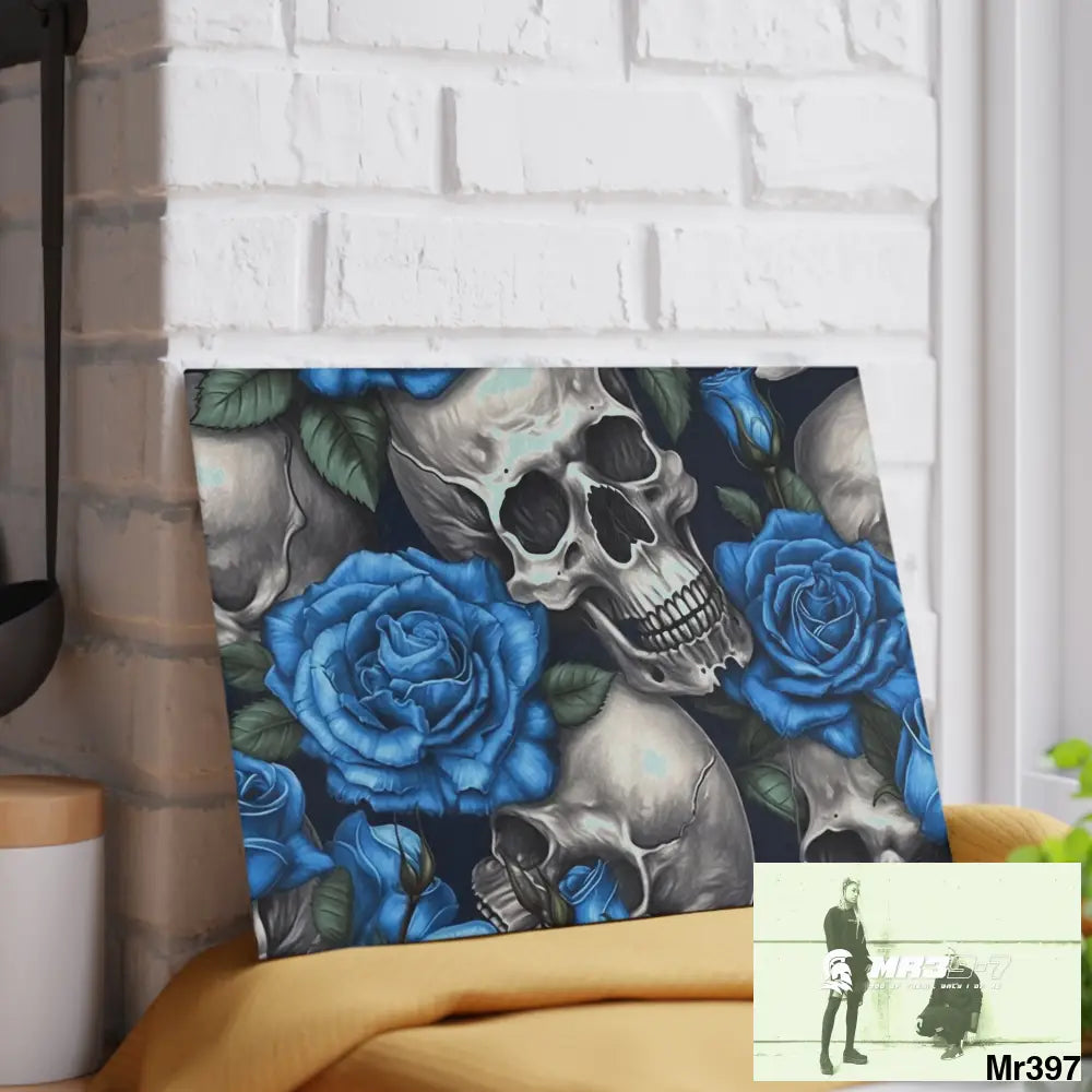 Gothic Skulls and Blue Roses Glass Cutting Board Home Decor