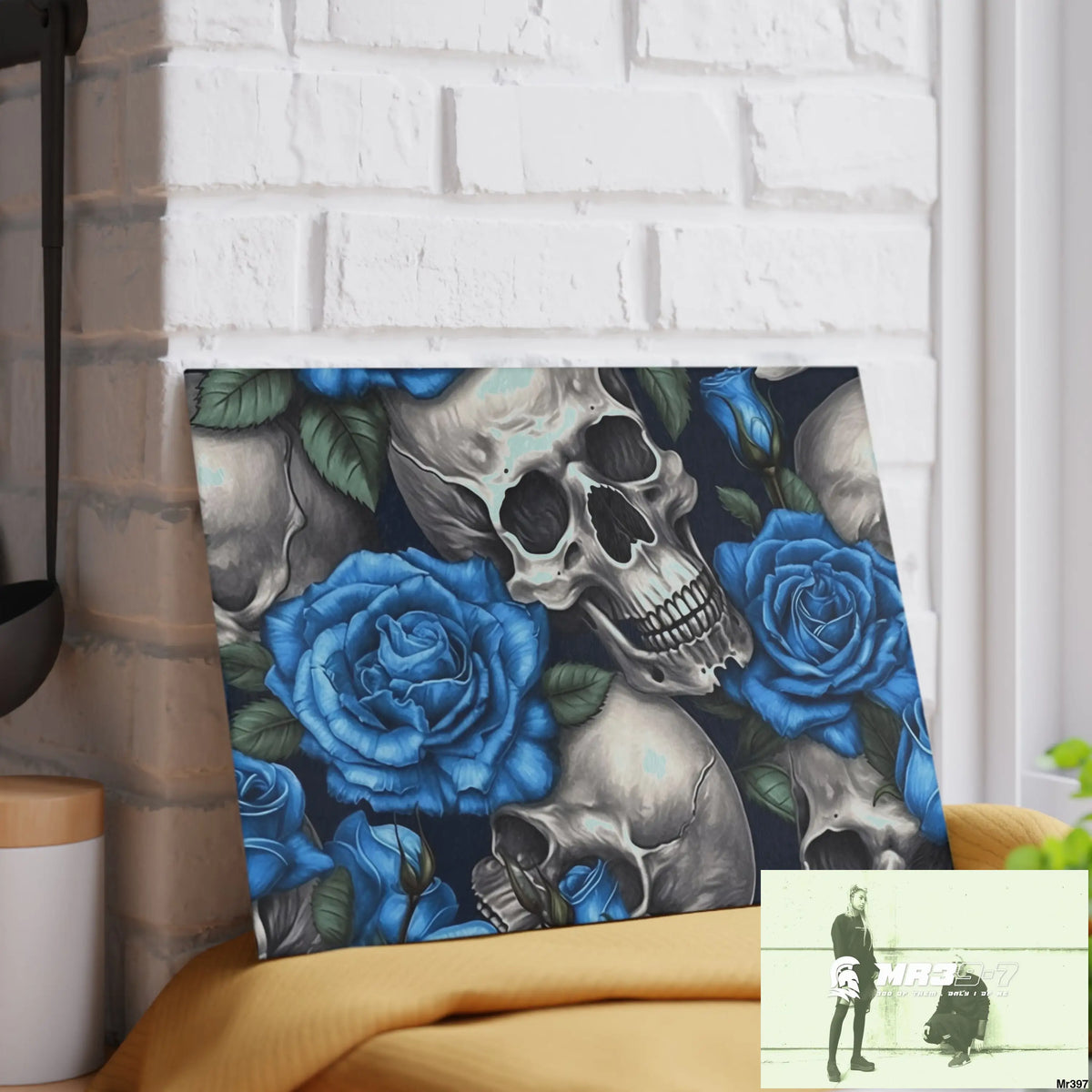 Gothic Skulls and Blue Roses Glass Cutting Board Home Decor
