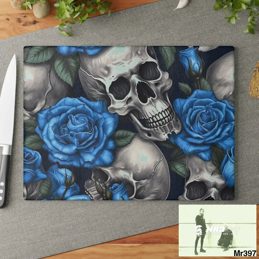 Gothic Skulls and Blue Roses Glass Cutting Board Home Decor