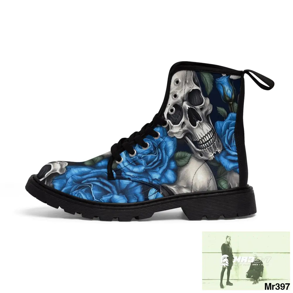 Gothic Skulls and Blue Roses Women’s Canvas Boots Shoes