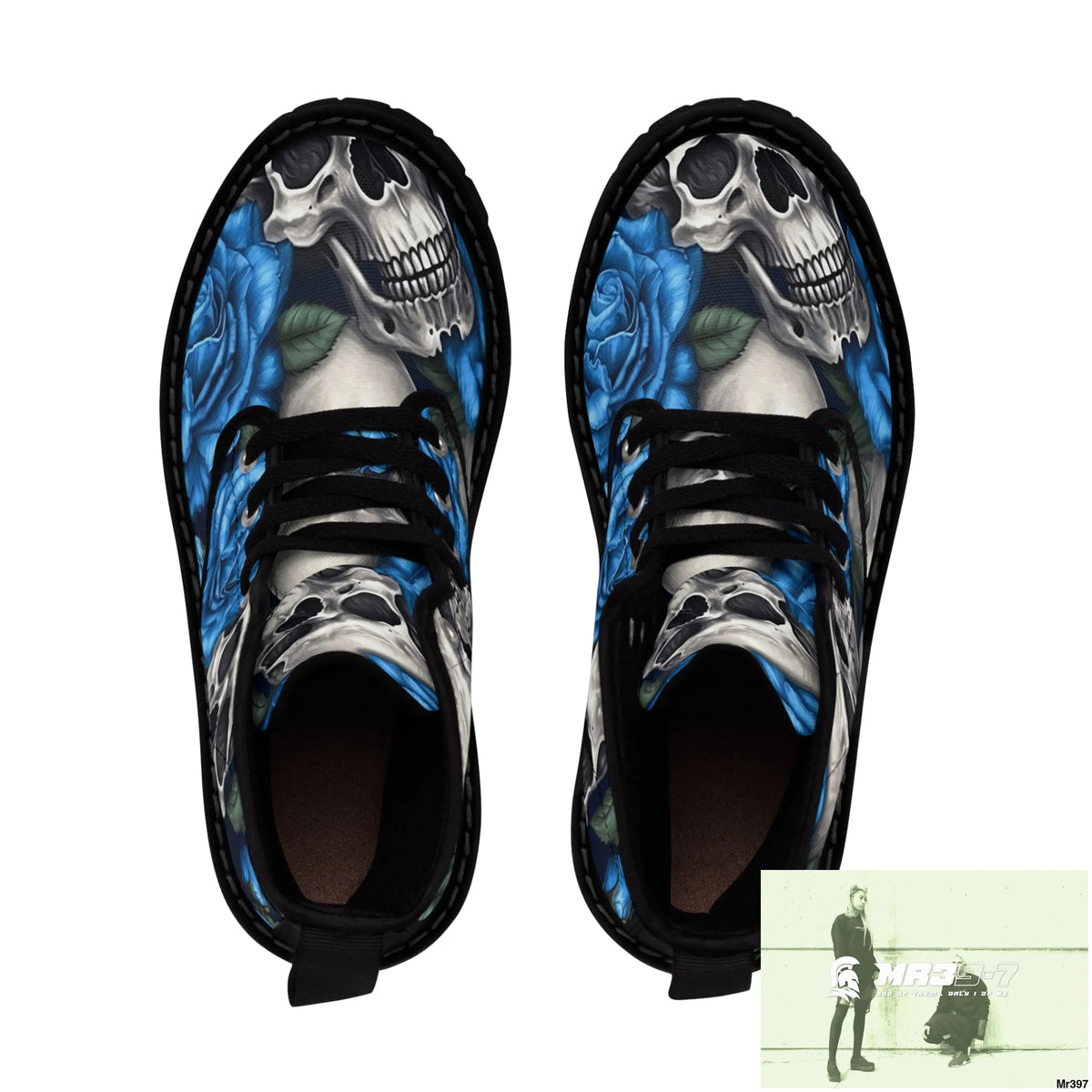 Gothic Skulls and Blue Roses Women’s Canvas Boots Shoes