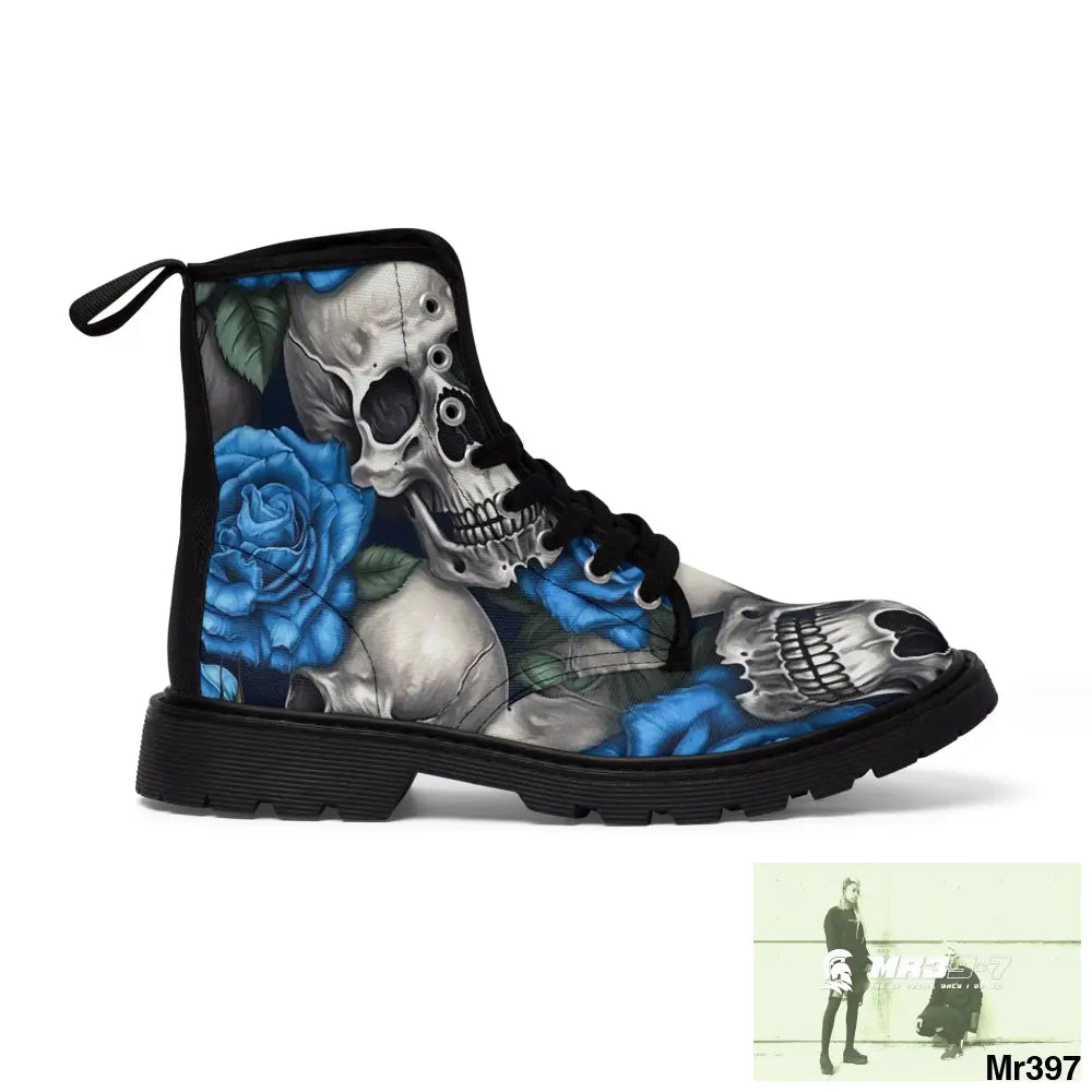 Gothic Skulls and Blue Roses Women’s Canvas Boots Shoes