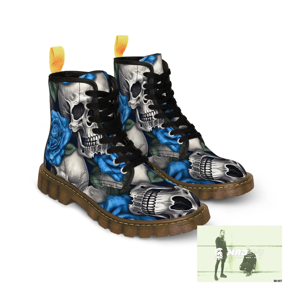 Gothic Skulls and Blue Roses Women’s Canvas Boots Shoes
