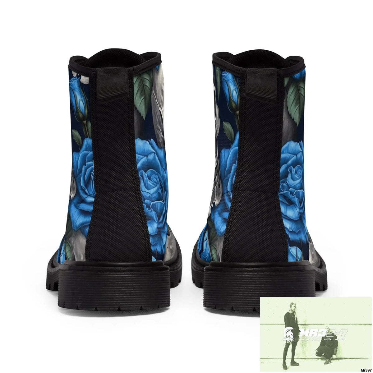 Gothic Skulls and Blue Roses Women’s Canvas Boots Shoes