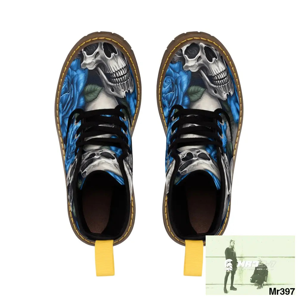 Gothic Skulls and Blue Roses Women’s Canvas Boots Shoes