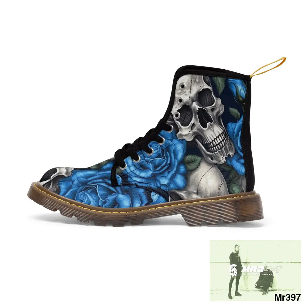 Gothic Skulls and Blue Roses Women’s Canvas Boots Shoes