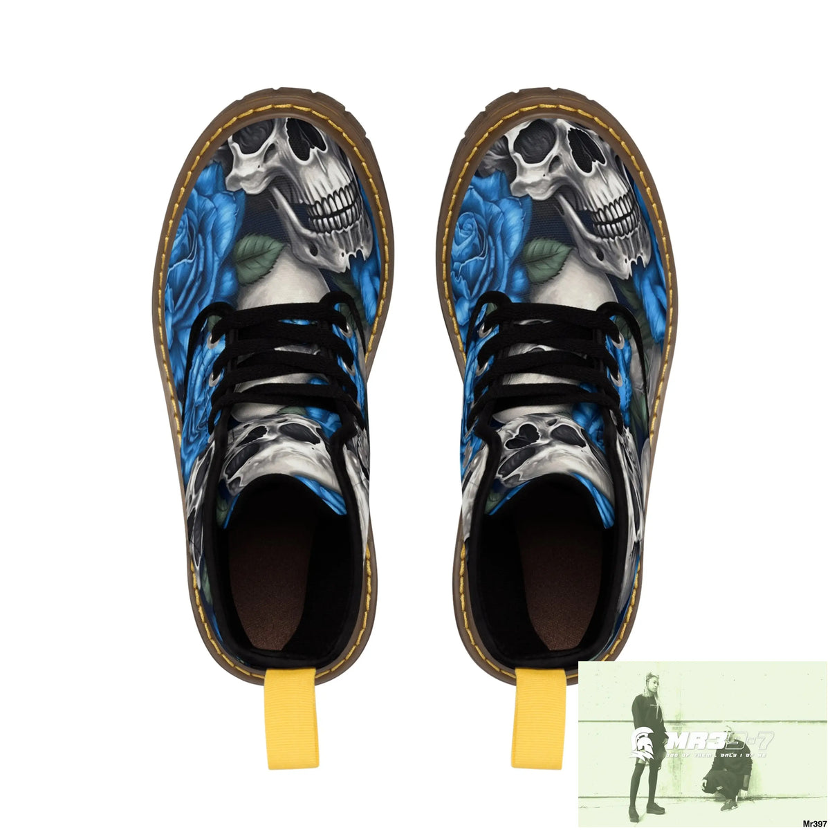 Gothic Skulls and Blue Roses Women’s Canvas Boots Shoes