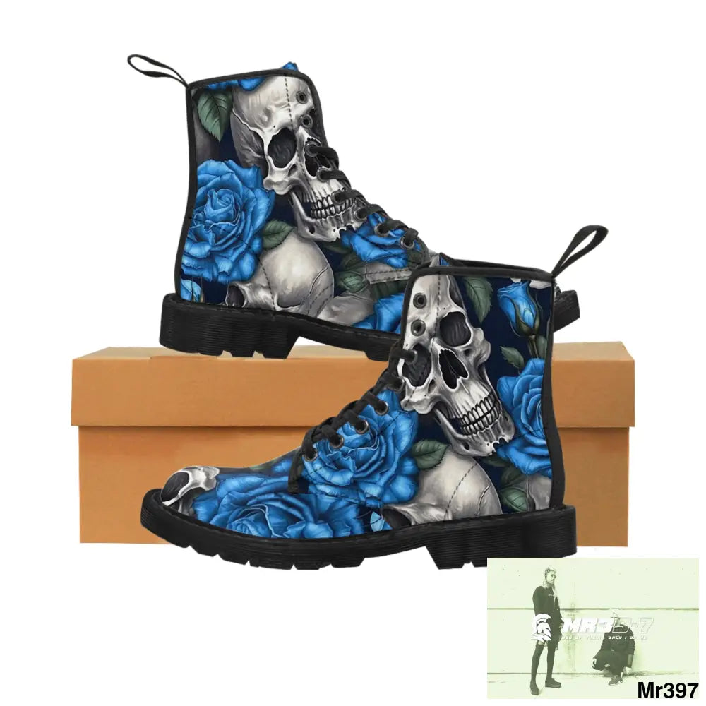 Gothic Skulls and Blue Roses Women’s Canvas Boots US 6.5 / Black sole Shoes
