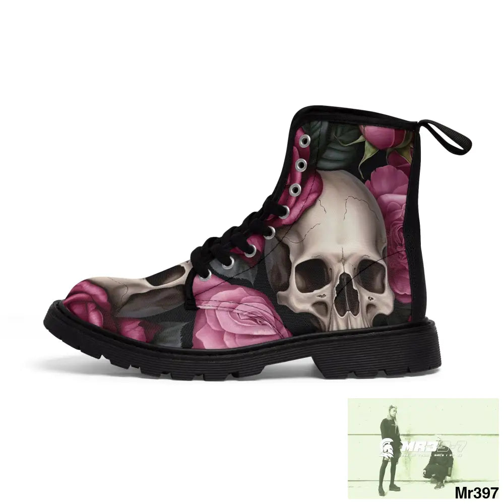 Gothic Skulls and no 2 Pink Roses Women’s Canvas Boots Shoes