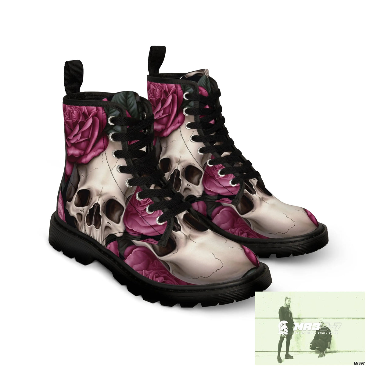 Gothic Skulls and no 2 Pink Roses Women’s Canvas Boots Shoes