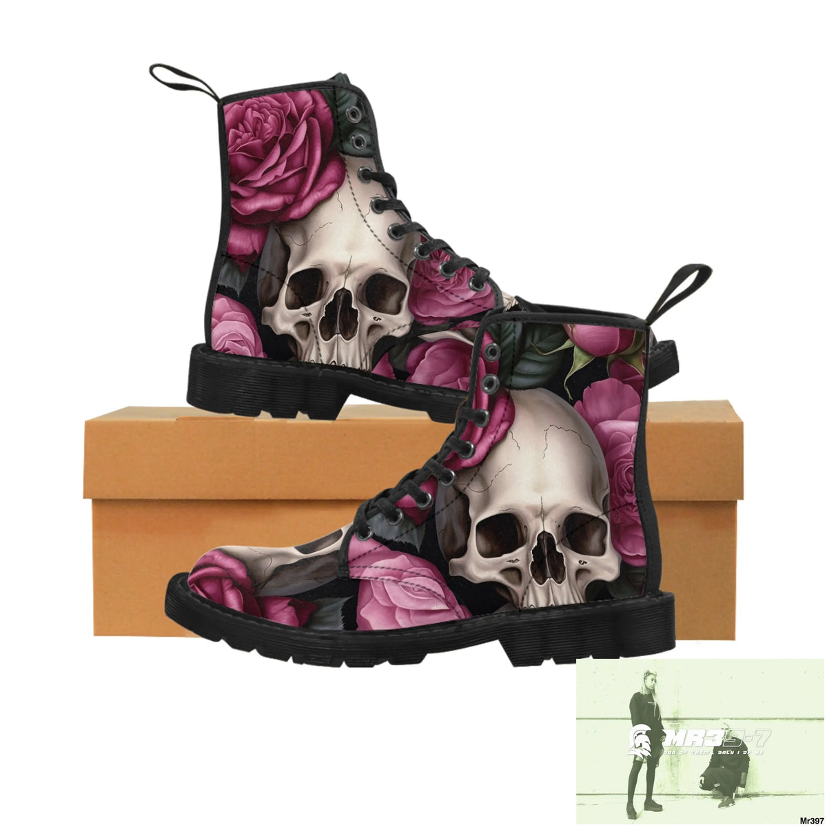 Gothic Skulls and no 2 Pink Roses Women’s Canvas Boots Shoes