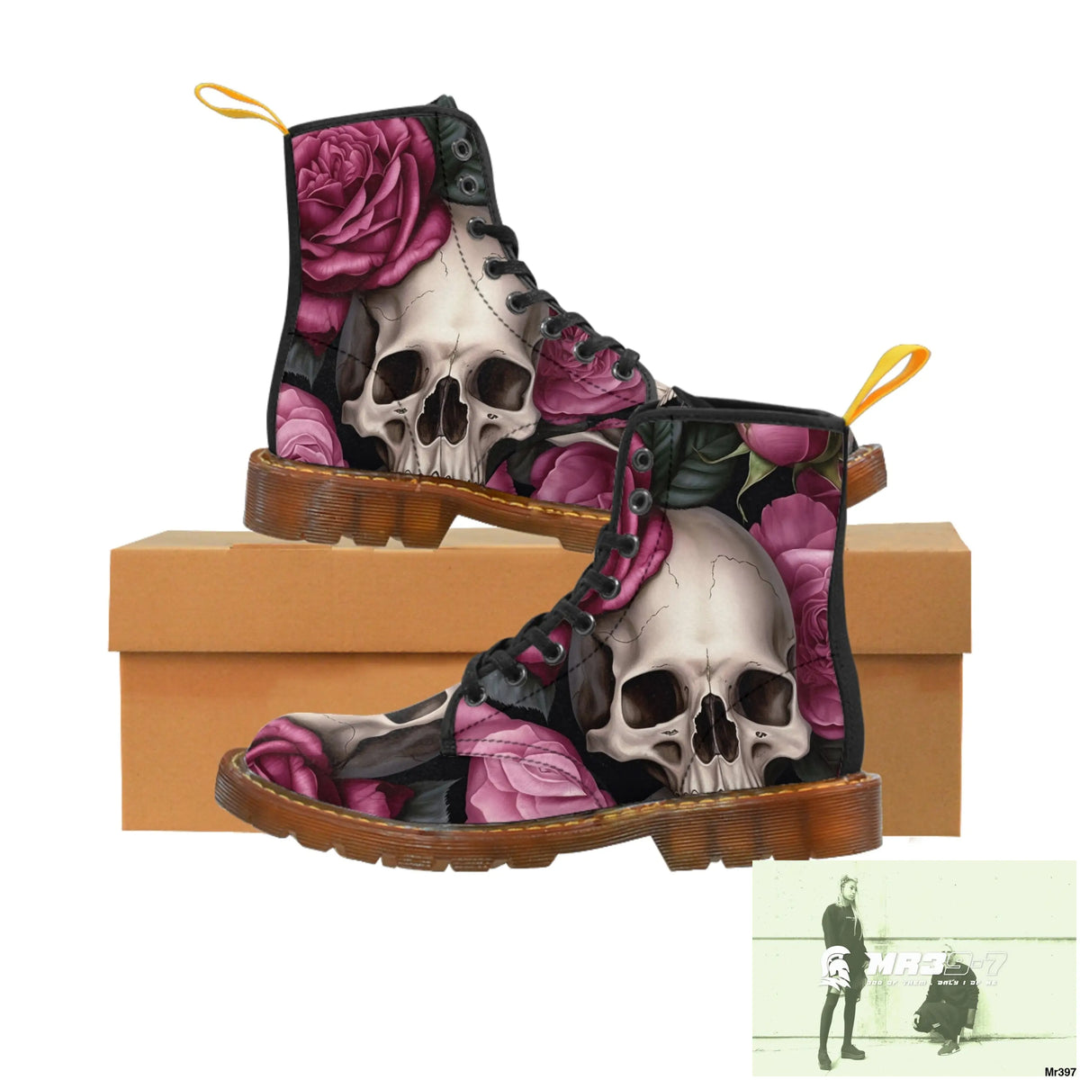Gothic Skulls and no 2 Pink Roses Women’s Canvas Boots Shoes