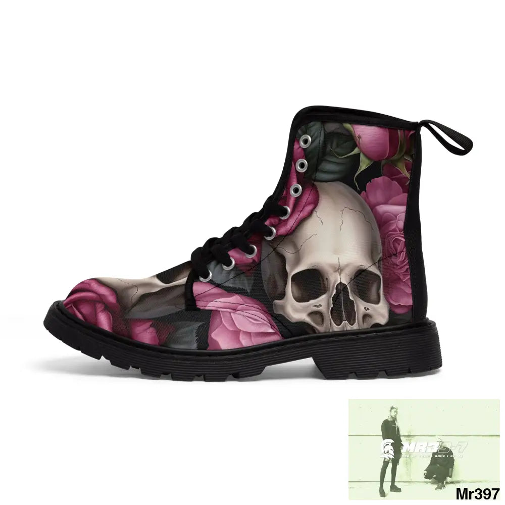 Gothic Skulls and no 2 Pink Roses Women’s Canvas Boots Shoes