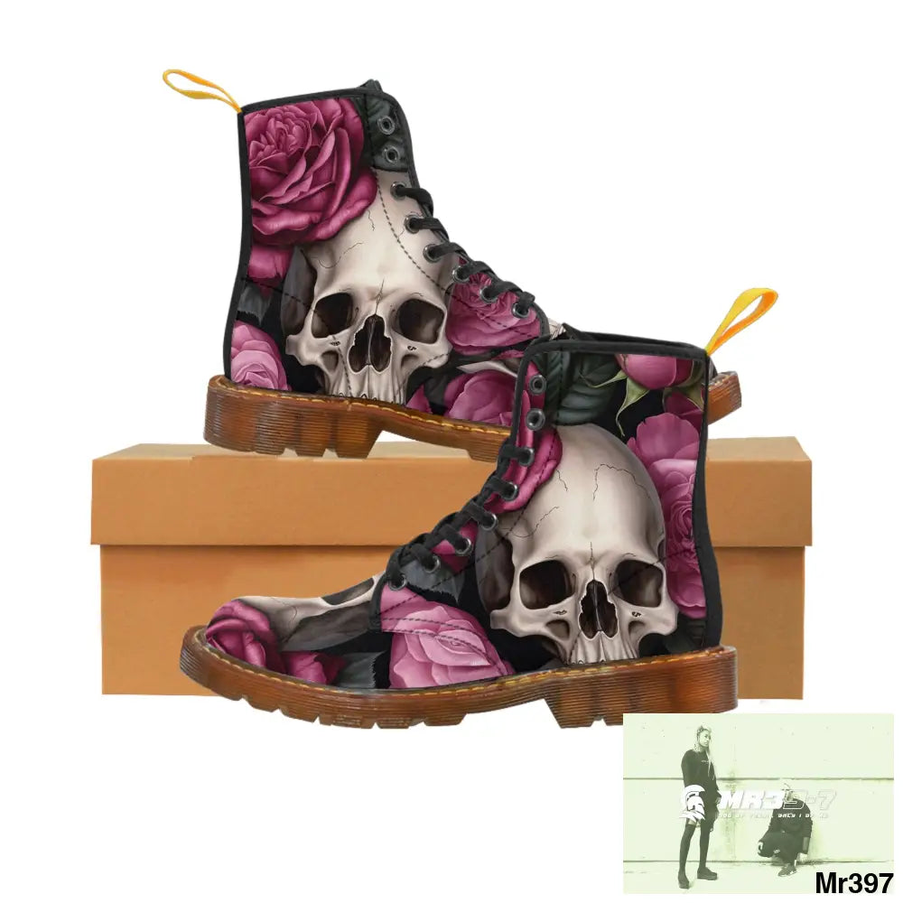 Gothic Skulls and no 2 Pink Roses Women’s Canvas Boots Shoes