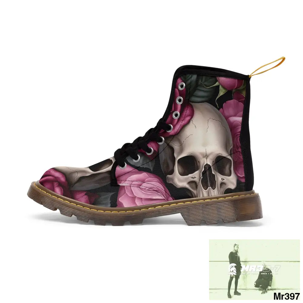 Gothic Skulls and no 2 Pink Roses Women’s Canvas Boots Shoes