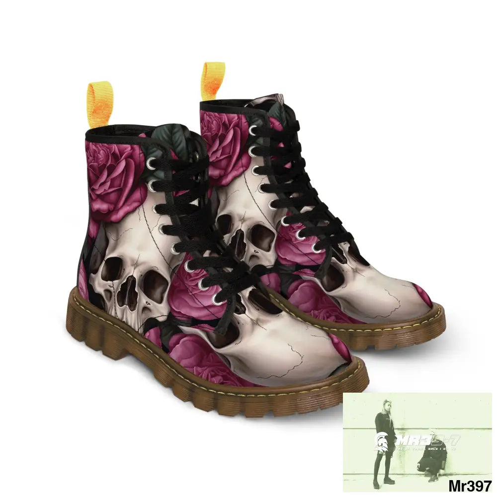 Gothic Skulls and no 2 Pink Roses Women’s Canvas Boots Shoes