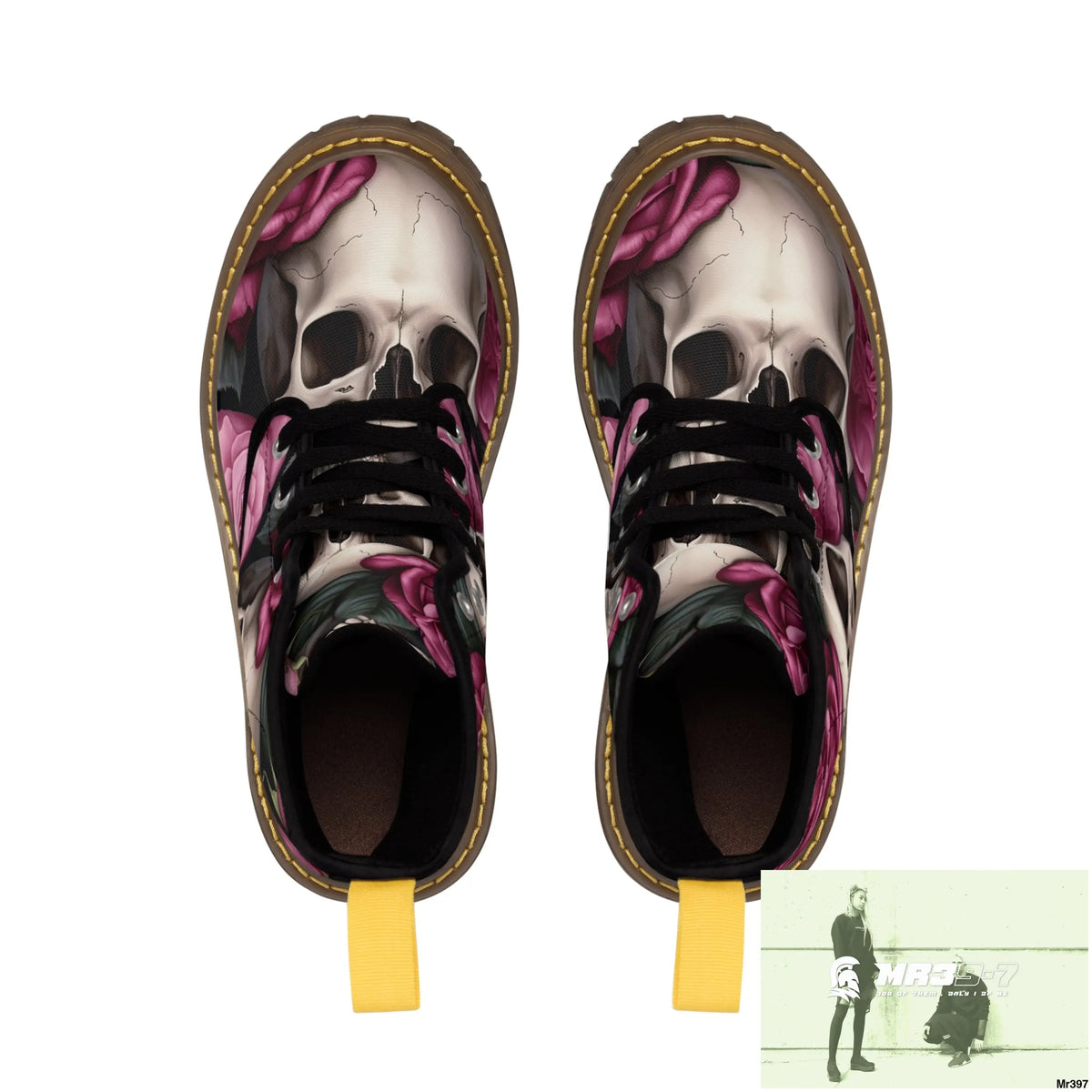 Gothic Skulls and no 2 Pink Roses Women’s Canvas Boots Shoes