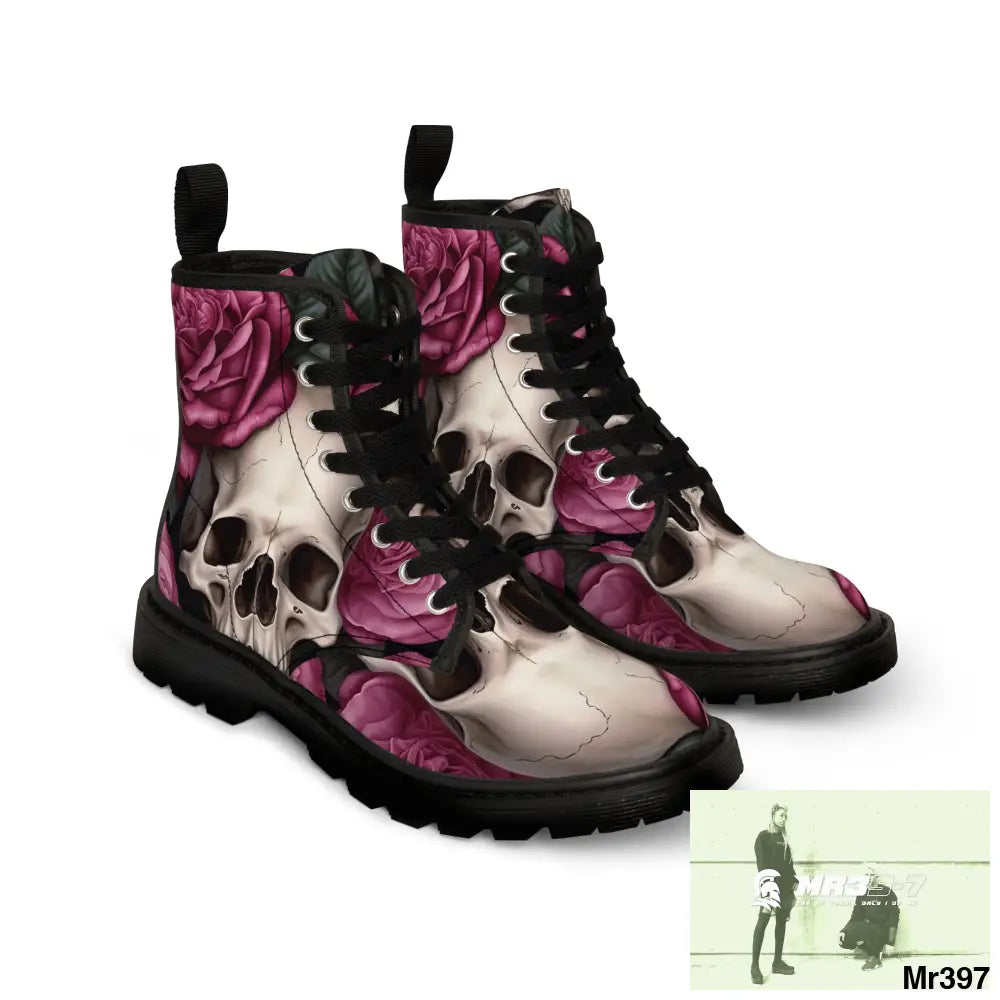 Gothic Skulls and no 2 Pink Roses Women’s Canvas Boots Shoes