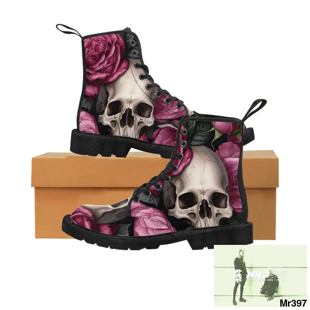 Gothic Skulls and no 2 Pink Roses Women’s Canvas Boots Shoes
