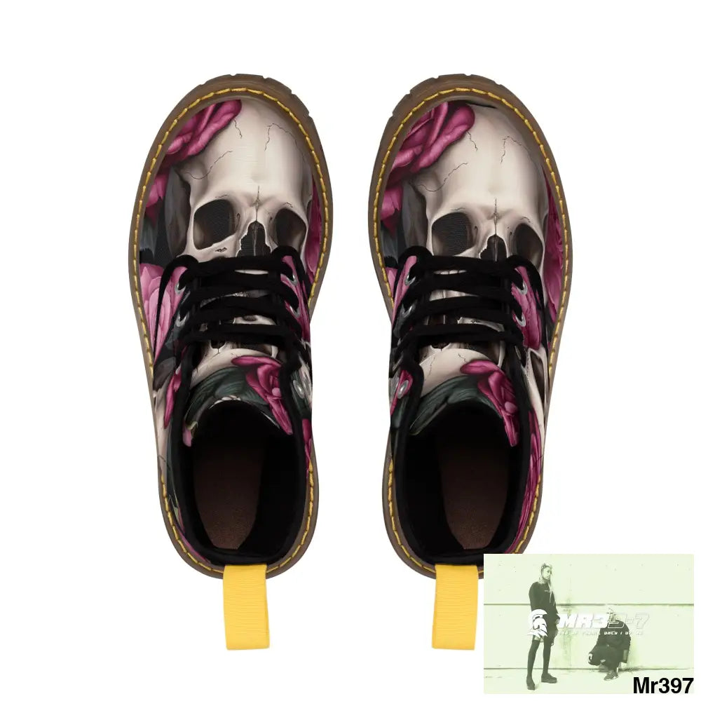 Gothic Skulls and no 2 Pink Roses Women’s Canvas Boots Shoes