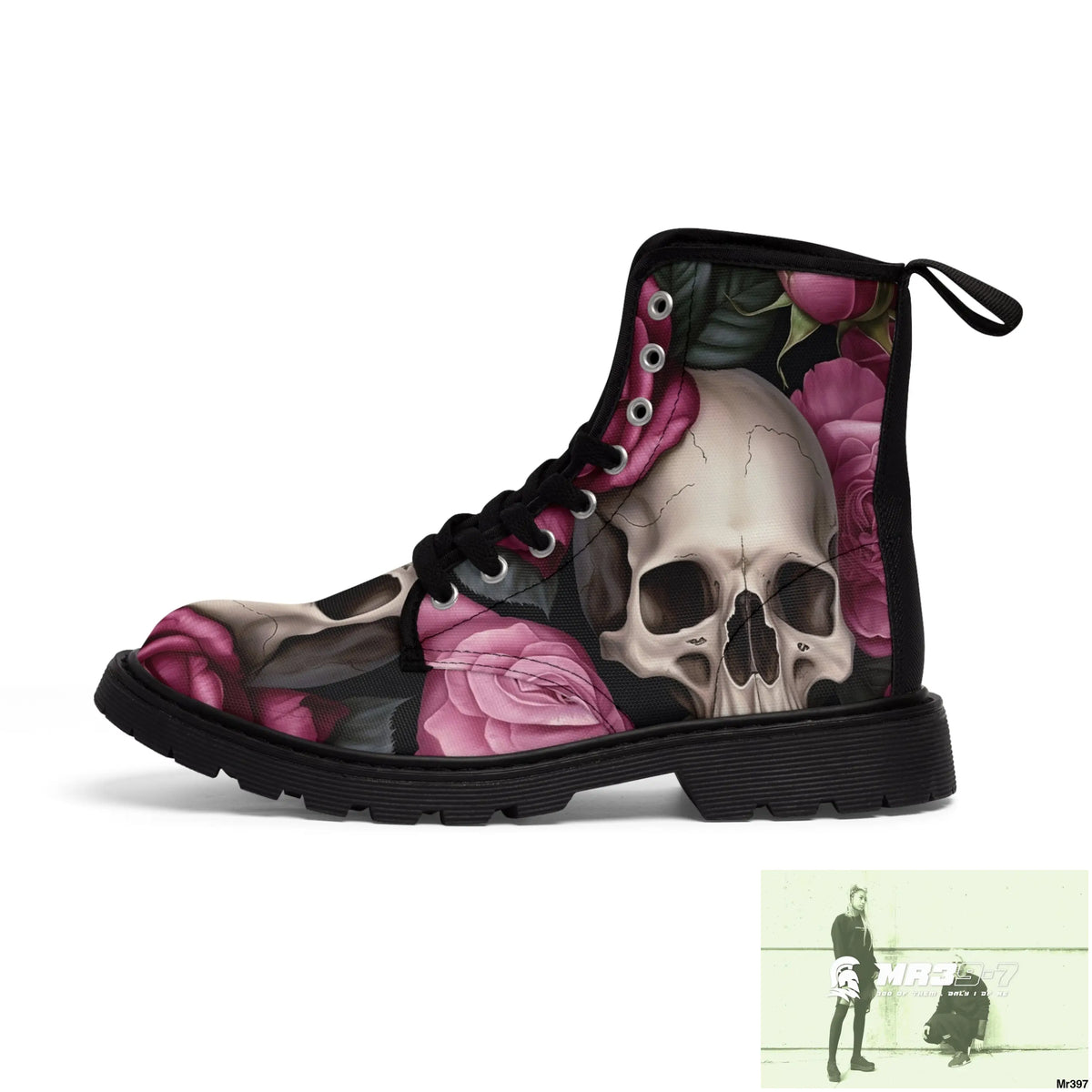 Gothic Skulls and no 2 Pink Roses Women’s Canvas Boots Shoes