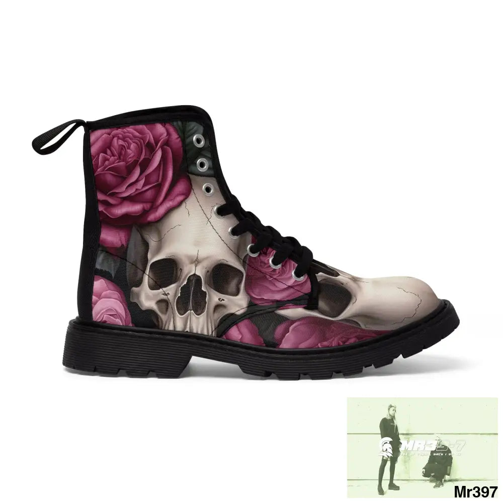 Gothic Skulls and no 2 Pink Roses Women’s Canvas Boots US 6.5 / Black sole Shoes