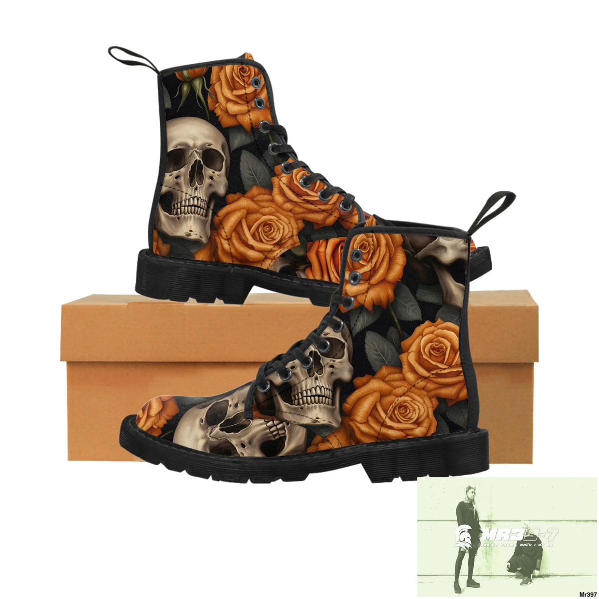 Gothic Skulls and Orange Roses Canvas Boots AOP Shoes