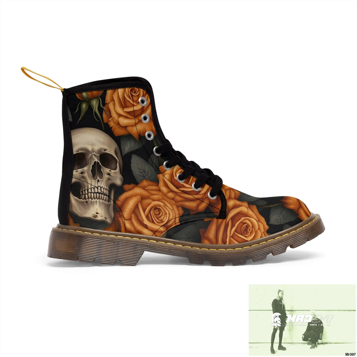 Gothic Skulls and Orange Roses Canvas Boots AOP Shoes