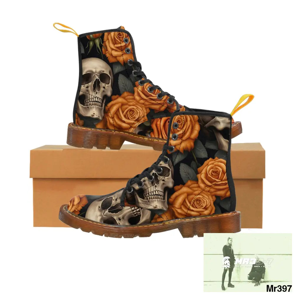 Gothic Skulls and Orange Roses Canvas Boots AOP Shoes