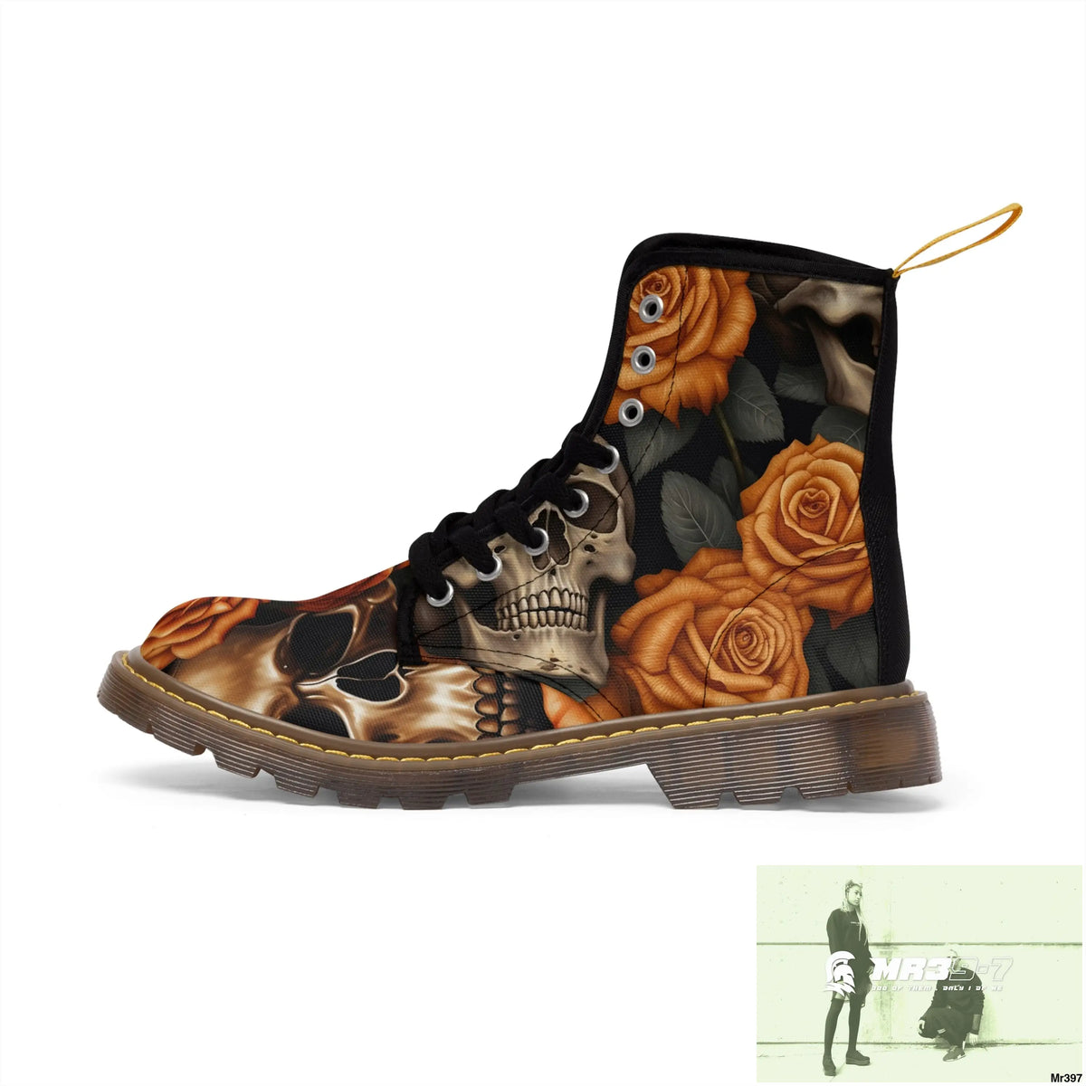 Gothic Skulls and Orange Roses Canvas Boots AOP Shoes