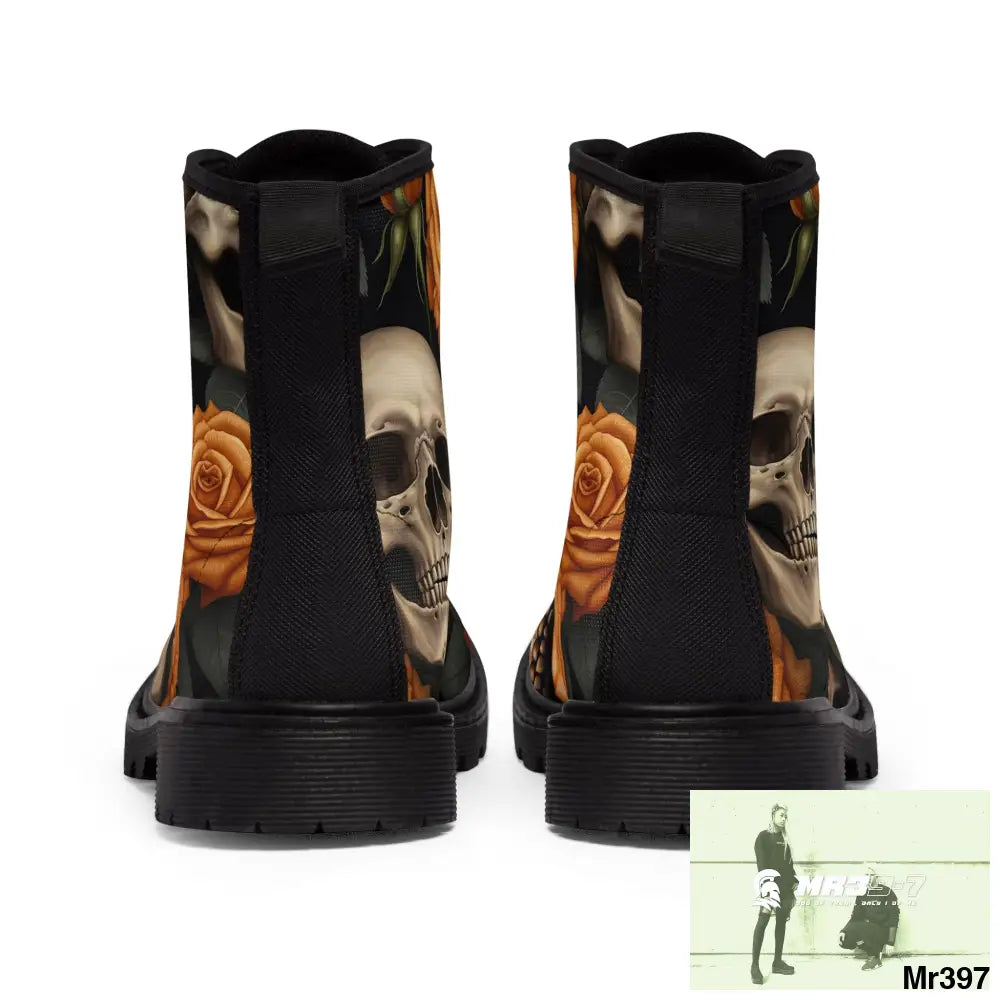 Gothic Skulls and Orange Roses Canvas Boots AOP Shoes