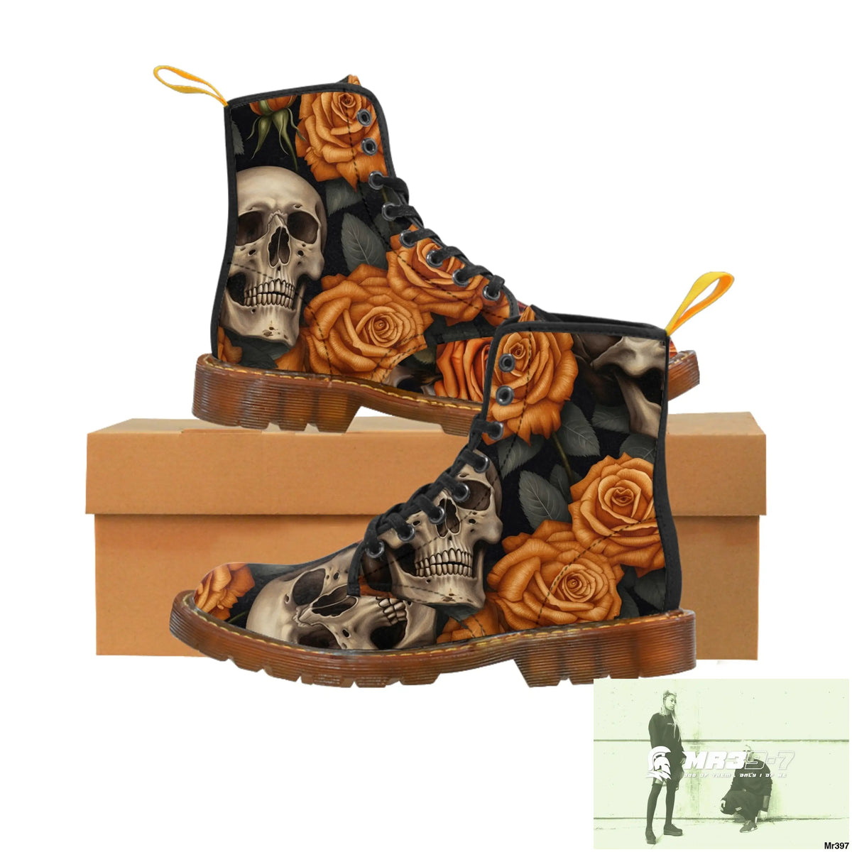 Gothic Skulls and Orange Roses Canvas Boots AOP Shoes